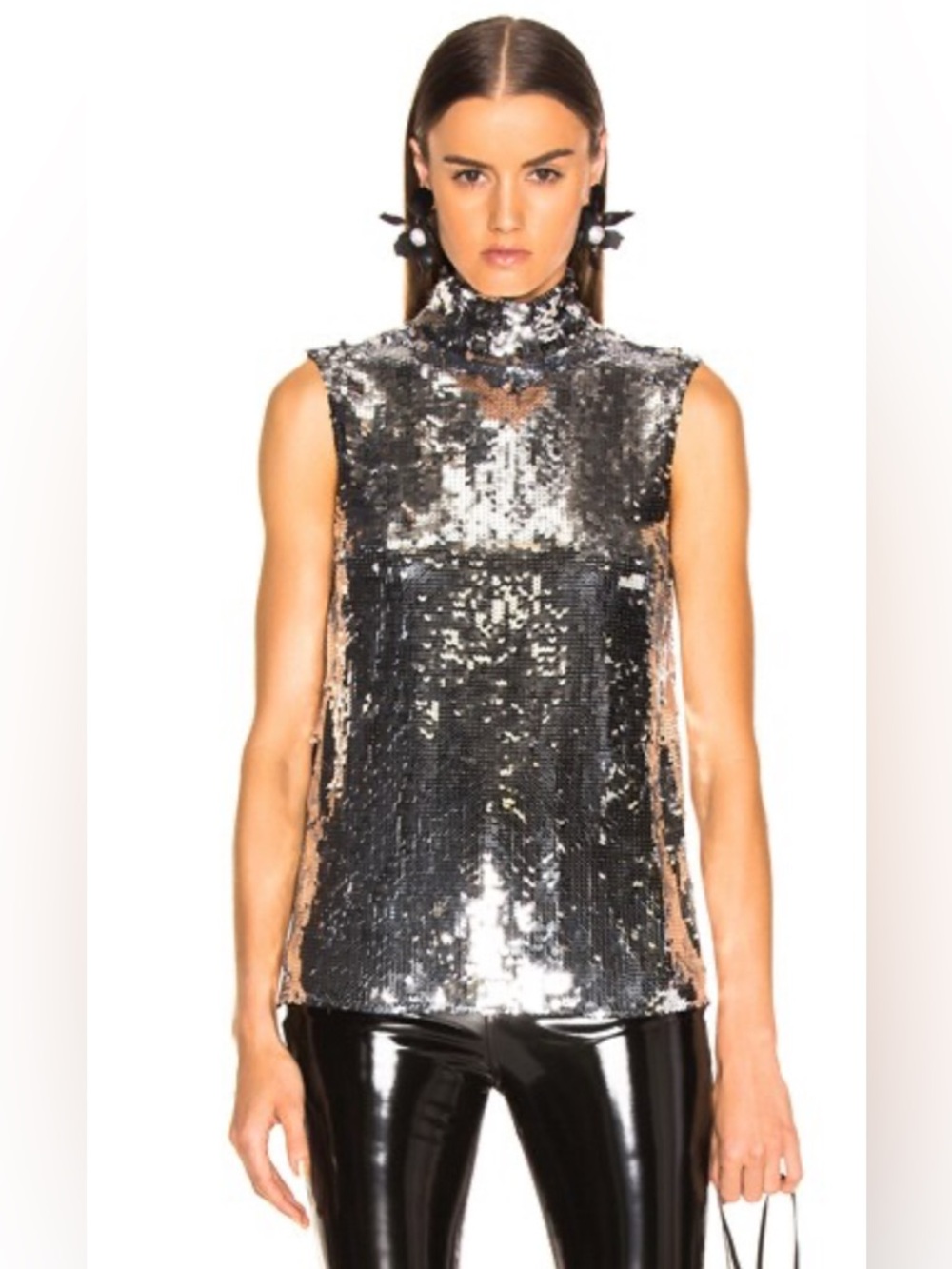 Tibi Silver Sequin Sleeveless Mock Neck Top